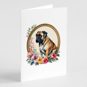 Mastiff and Flowers Greeting Cards Pack of 8 Blank Cards with Envelopes Whimsical A7 Size 5x7 Blank Note Cards