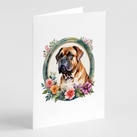 Dogue de Bordeaux and Flowers Greeting Cards Pack of 8 Blank Cards with Envelopes Whimsical A7 Size 5x7 Blank Note Cards
