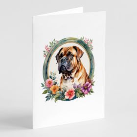 Dogue de Bordeaux and Flowers Greeting Cards Pack of 8 Blank Cards with Envelopes Whimsical A7 Size 5x7 Blank Note Cards