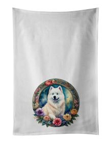 Samoyed and Flowers Kitchen Towel Set of 2 White Dish Towels Decorative Bathroom Hand towel for Hand, Face, Hair, Yoga, Tea, Dishcloth, 19 X 28"