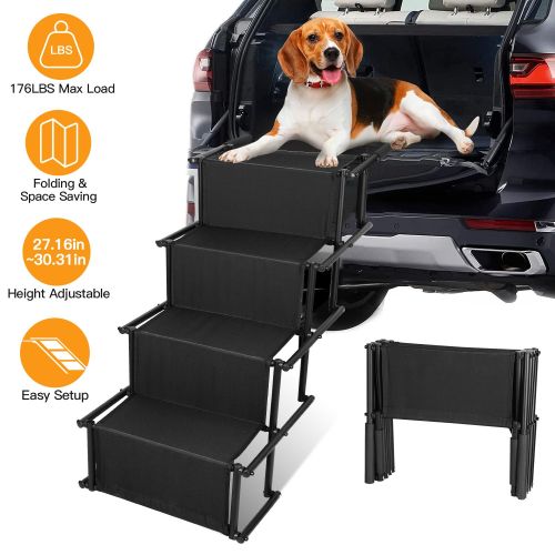 Foldable Dog Ramp 4 Step Collaspible Non Slip Stairs for Car Trucks SUV 176LBS Load Oxford Fabric Steel Ladders with Straps Tether Clip Foldable Dog Ramp 4 Step Collaspible Non Slip Stairs for Car Trucks SUV 176LBS Load Oxford Fabric Steel Ladders with Straps Tether Clip