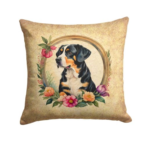 Entlebucher Mountain Dog and Flowers Throw Pillow Machine Washable, Indoor Outdoor Decorative Pillow for Couch, Bed or Patio, 14Hx14W